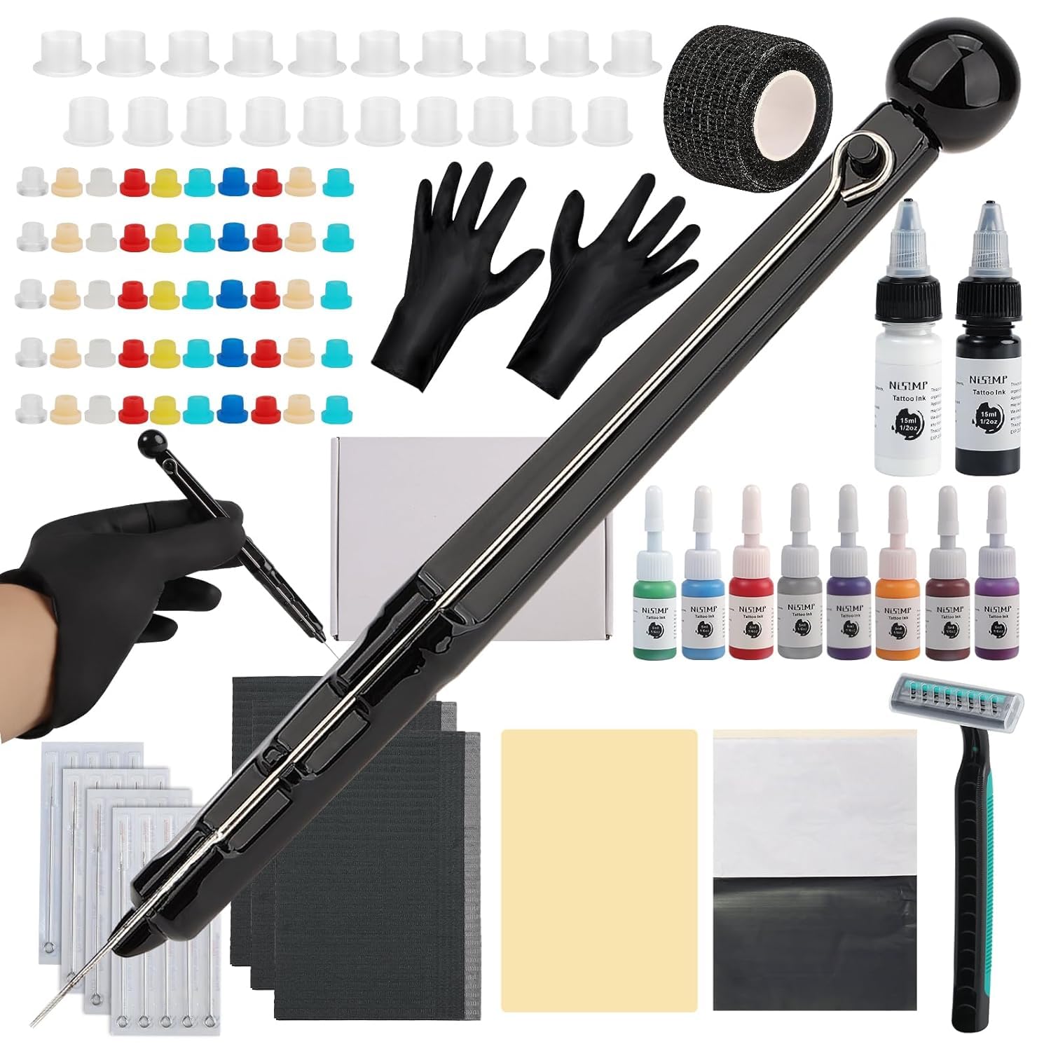 Hand Poke Tattoo Kit for Beginners, DIY Tattoo Poke Pen Set with 20pcs Needles & 8 Colors Ink Set - Complete Starter Practice Kit