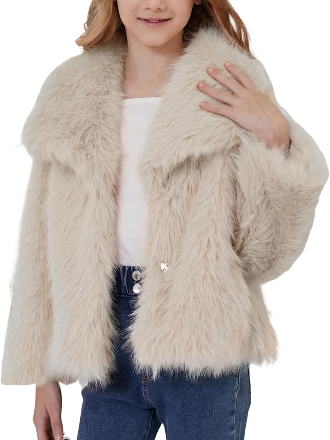 Yimoon Girls Faux Fur Coat Fluffy Long Sleeve Lapel Kids Jackets Warm Winter Shaggy Outwear with Pockets