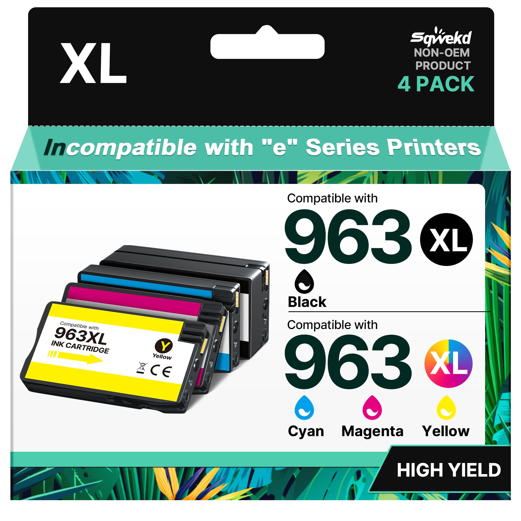 Sqwekd 963XL Lot de 4 cartouches d'encre compatibles avec HP 963 XL Multipack pour HP OfficeJet Pro 9010 9020 9013 9023 9012 9015 9025 9014 9016 9018 9019 9022 (noir, cyan, jaune, magenta)