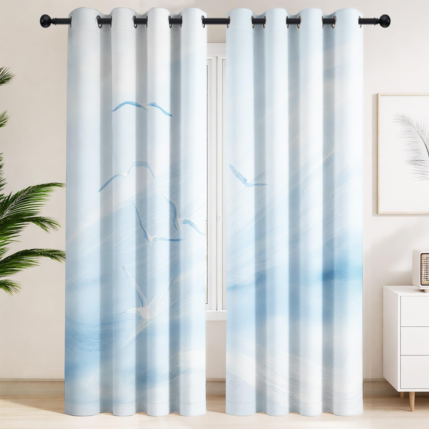 Generisch Strand Möwen Himmel Blickdichte Vorhänge, B 110 x H 215 cm Verdunklungsvorhänge mit Ösen, Thermovorhänge für Wohnzimmer, Schlafzimmer, Aquarell Meer 2er-Set