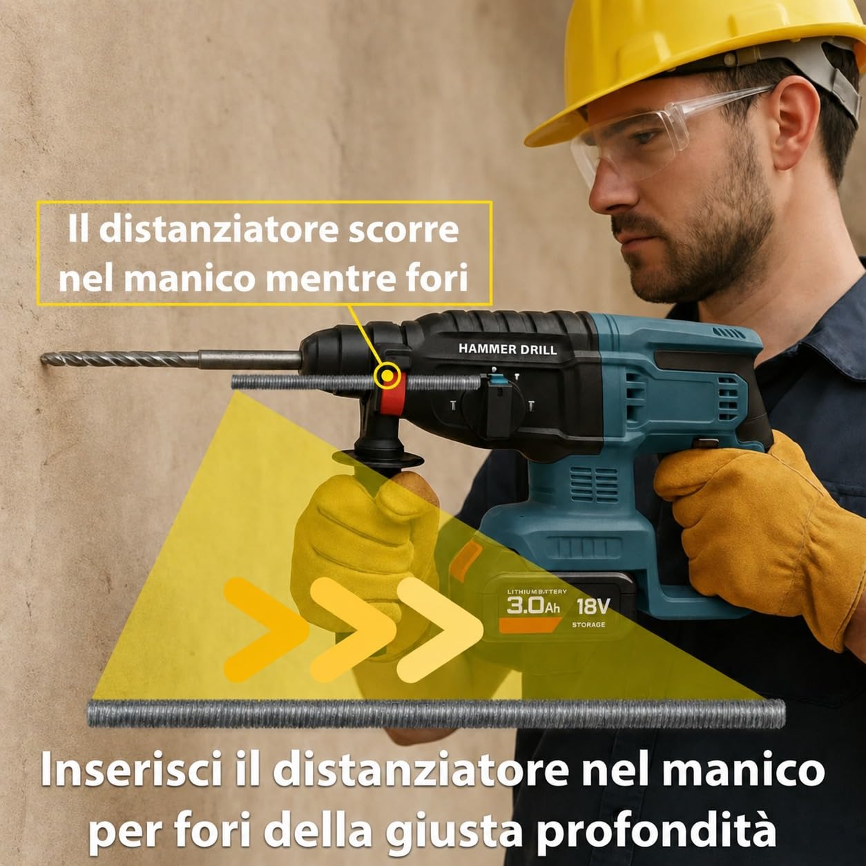 MAKA Martello Trapano Demolitore a Batteria 18V Professionale 3 in 1, Motore 1200 RPM 4500 BPM, Sistema SDS-Plus, 2 Batterie 3.4Ah, Set Punte e Scalpelli, Valigetta Inclusa per Cemento e Muratura (A)