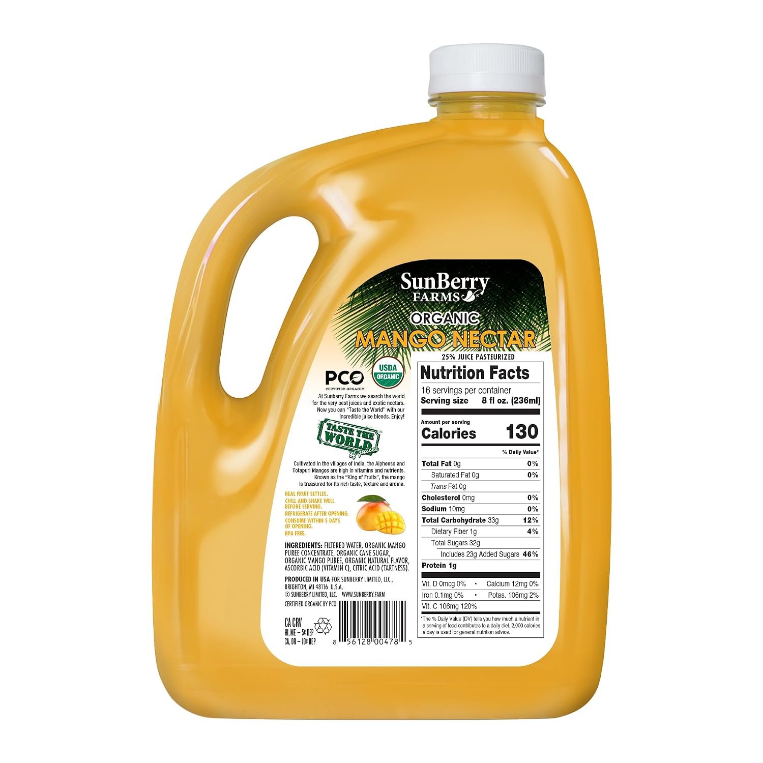 Sunberry Farms Organic Mango Nectar 128 fl oz | 1 Gallon Tropical Juice Nectar | Made with Real Organic Fruit | No Artificial Flavors or Colors | Refreshing Exotic Drink | Bulk Family Size