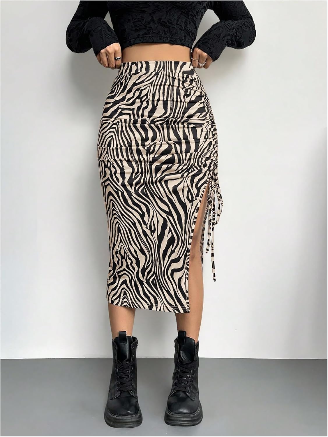 Verdusa Women's Animal Print Drawstring Thigh Slit Bodycon Skirt Elegant Ruched Long Skirts - Image 3