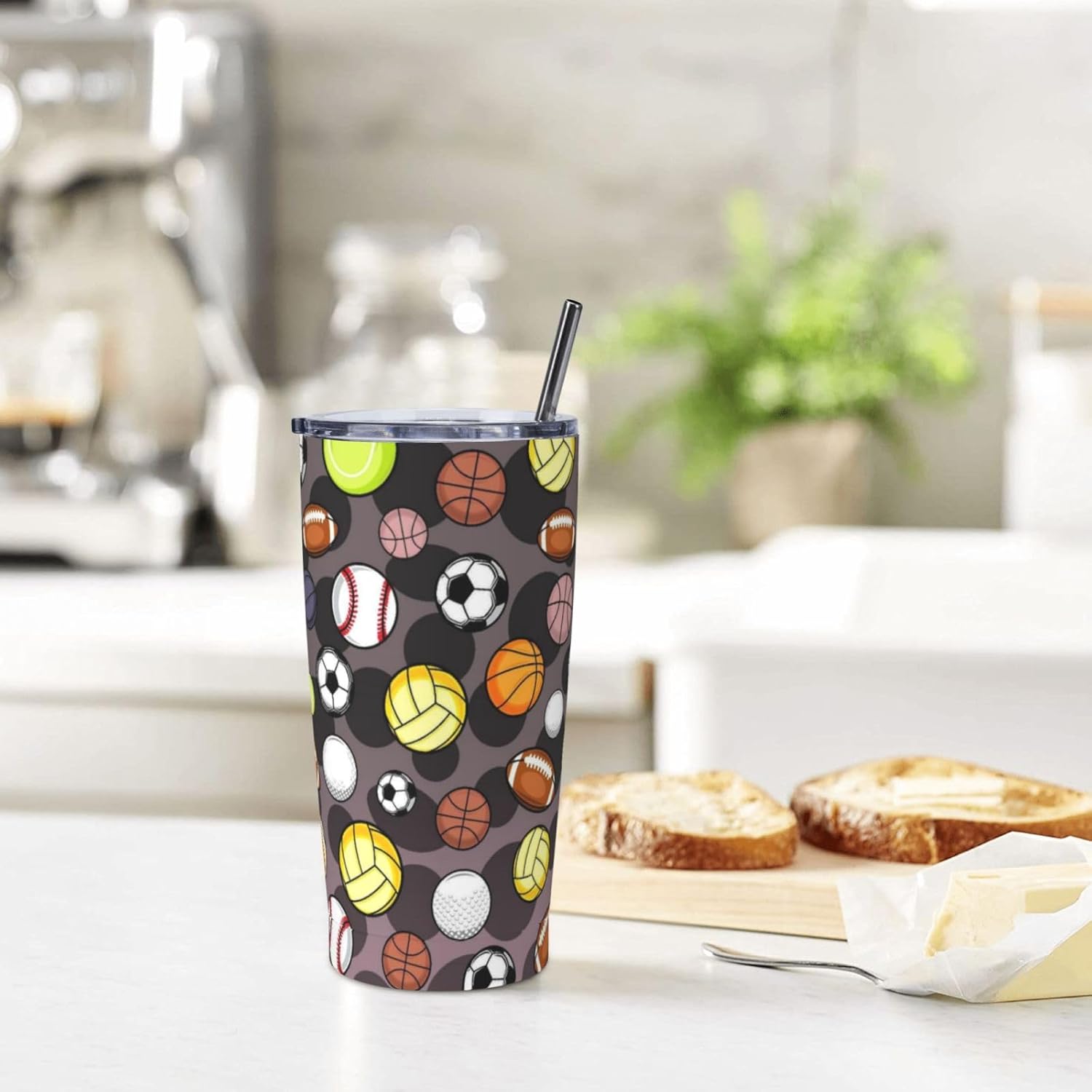 20oz Sports Ball Tumbler, Brown Stainless Steel Thermal Travel Coffee Mug with Lid Straw, Baseball Football Basketball Water Bottle Sport Double Wall Vacuum Insulated Cup for Hot Cold Drinks - Image 7