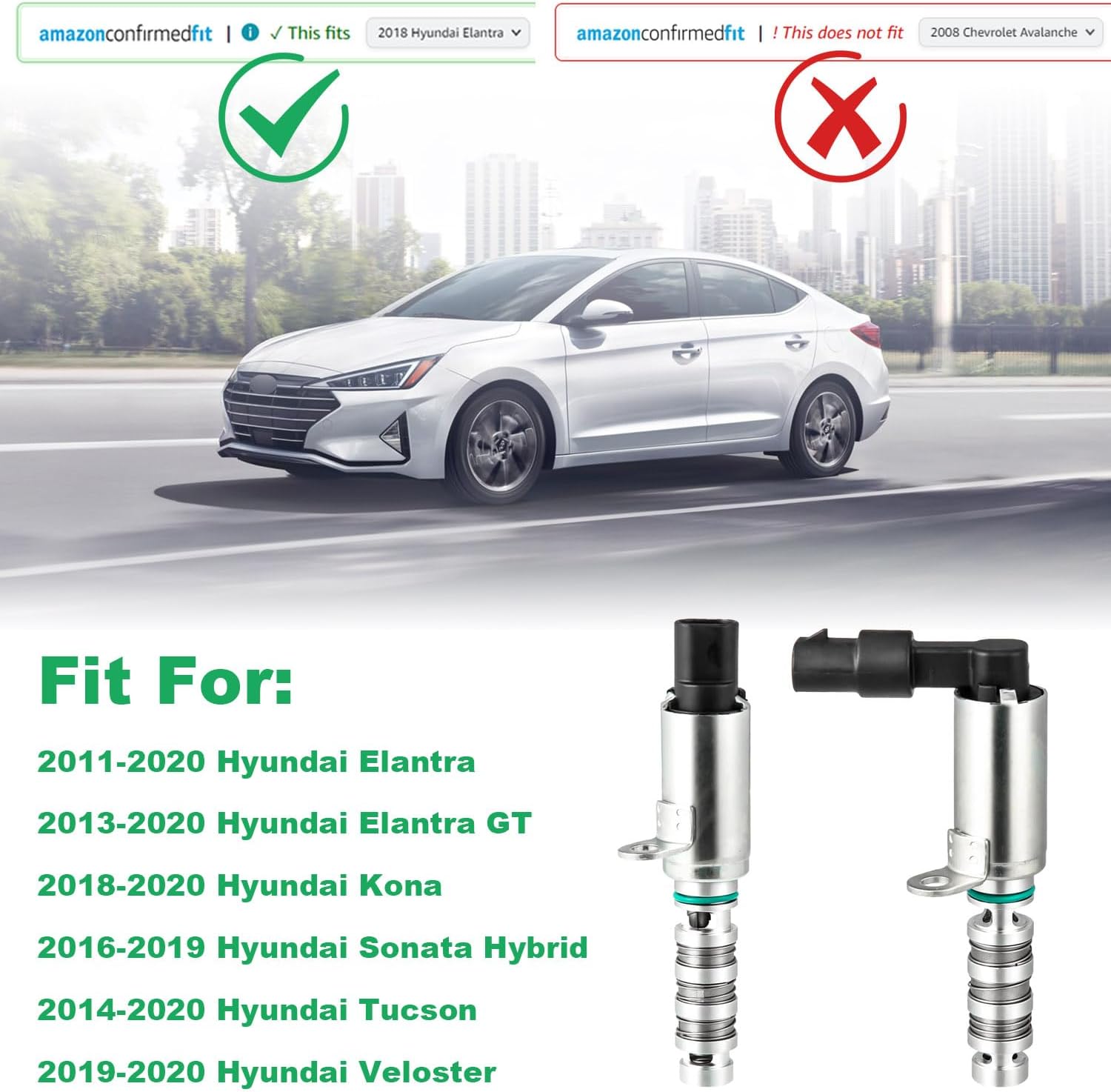 Intake & Exhaust Engine Variable Valve Timing (VVT) Solenoid Replacement for Hyundai Elantra Kona Sonata Hybrid Tucson, Oil Control VVT Valve Engine Replace OE 24375-2E100 & 24355-2E100