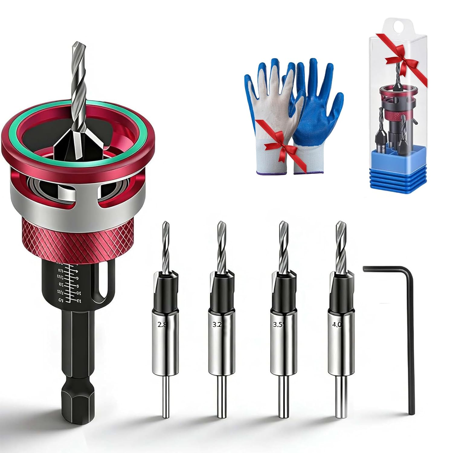 Two-Flute Counterbore with Depth Stop, 4PCS Four-Flute Tapered Drill Bits and Adjustable Depth Stop Collar with Controlled Depth, for Woodworking, Cabinetry (Red)