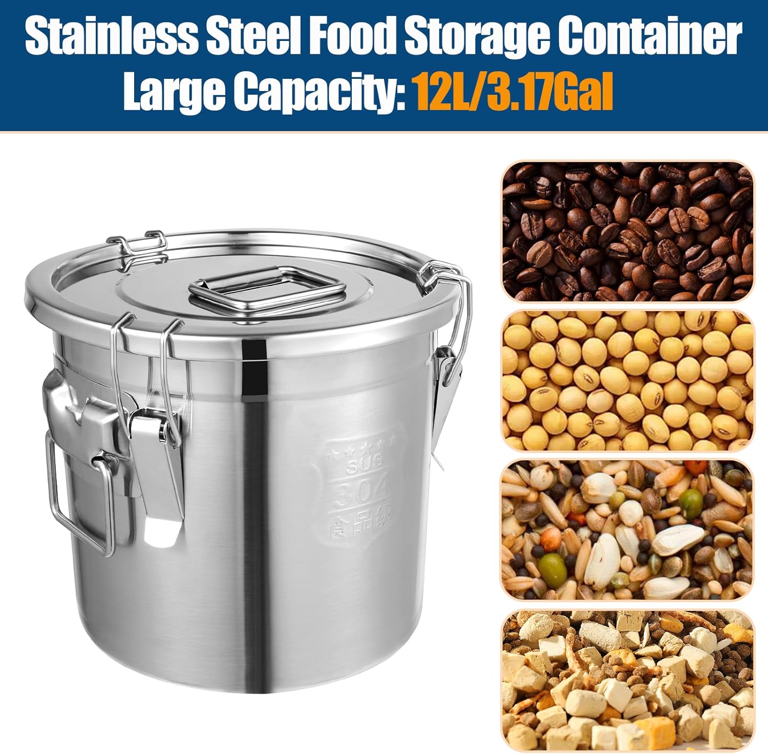 3.17Gal/12L Stainless Steel Airtight Canister, Airtight Food Storage Container with Lid and Lock Clips, 304 Stainless Steel Bucket for Rice, Flour, Grain, Coffee Bean