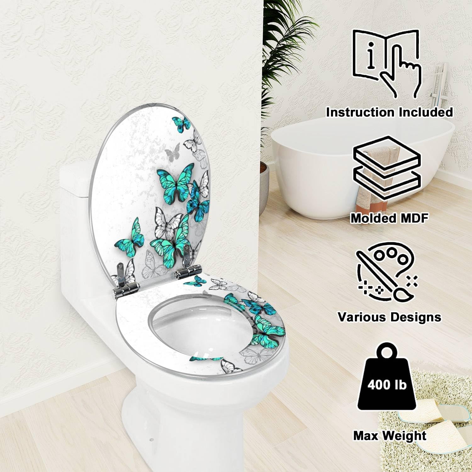 Elongated Toilet Seat Turquoise Blue white butterflies Resin Toilet Seat with Quietly Close Quick Release Hinges Decorative Toilet Seat with Cover Easy to Clean and Install