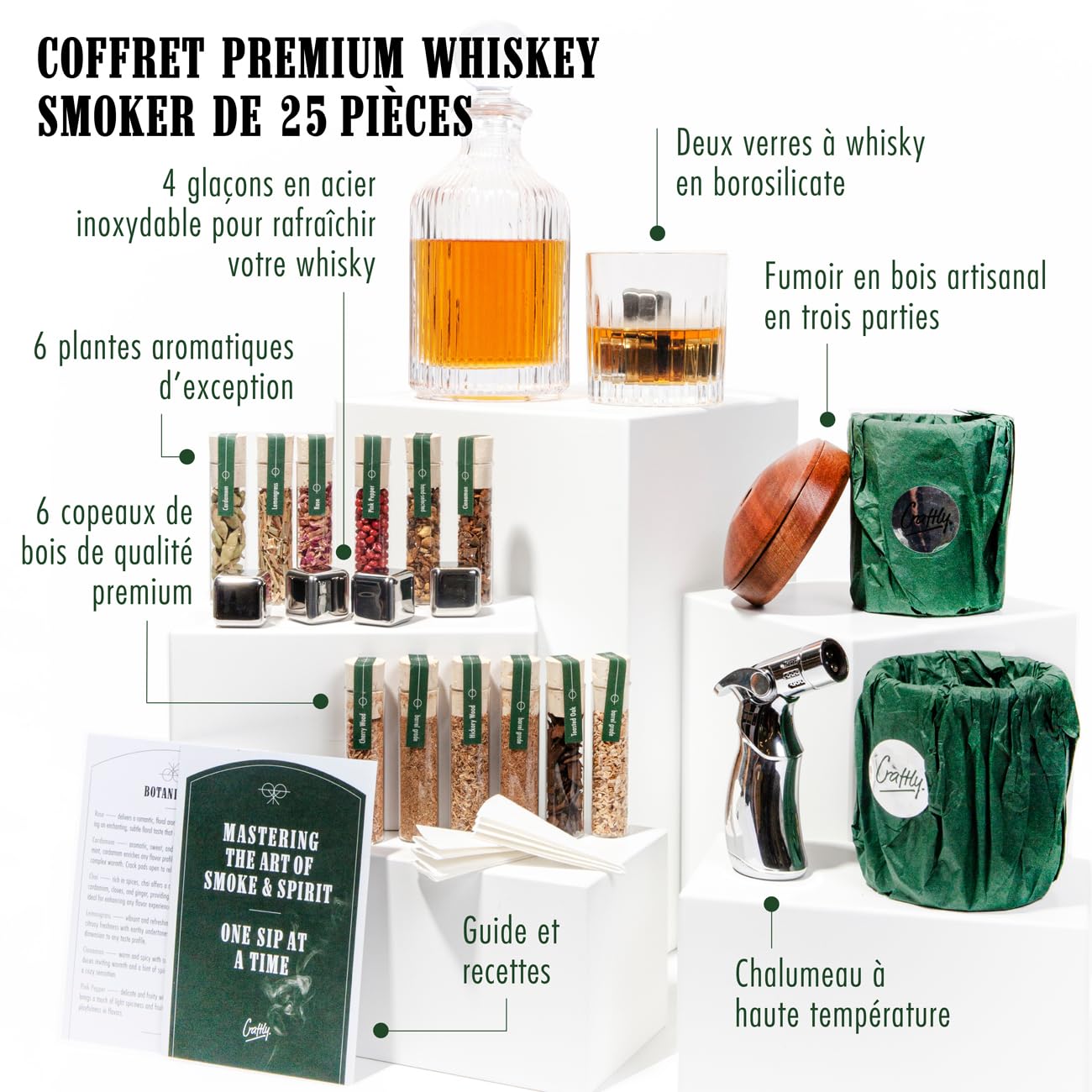 Kit DIY de Fumage pour Whisky et Bourbon | Arômes boisés et épicés naturels | Inclus : 6 copeaux de Bois, 6 Plantes botaniques, 2 Verres, Pierres à Whisky, Torche et cheminée