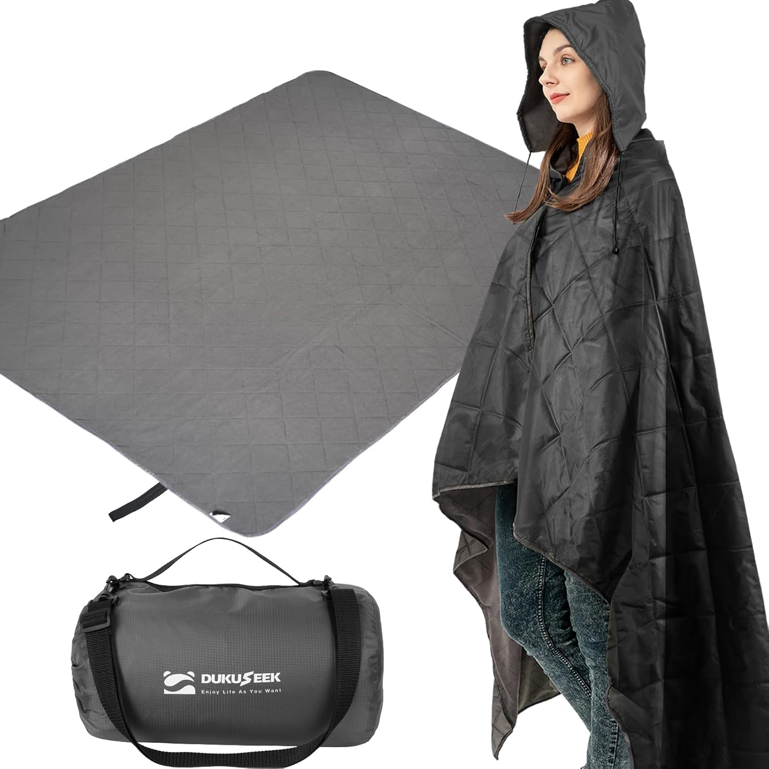 DUKUSEEK Hooded Outdoor Stadium Blanket, Extra Large 79" x 59" Waterproof Camping Blanket, Quilted, Thick Fleece, Warm, Windproof, Sand Proof, Portable, Perfect for Travel,Sports