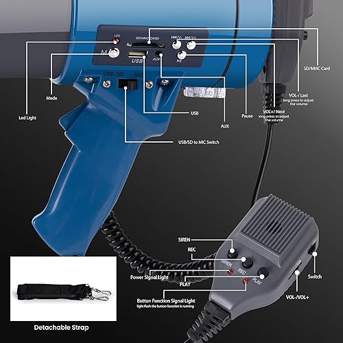 Miniatura 27 de MyMealivos 50W Bluetooth Megaphone with Rechargeable Battery-Professional Bullhorn with Siren&240s Recording Supports USB/SD/3.5mm Aux-1600ft Range