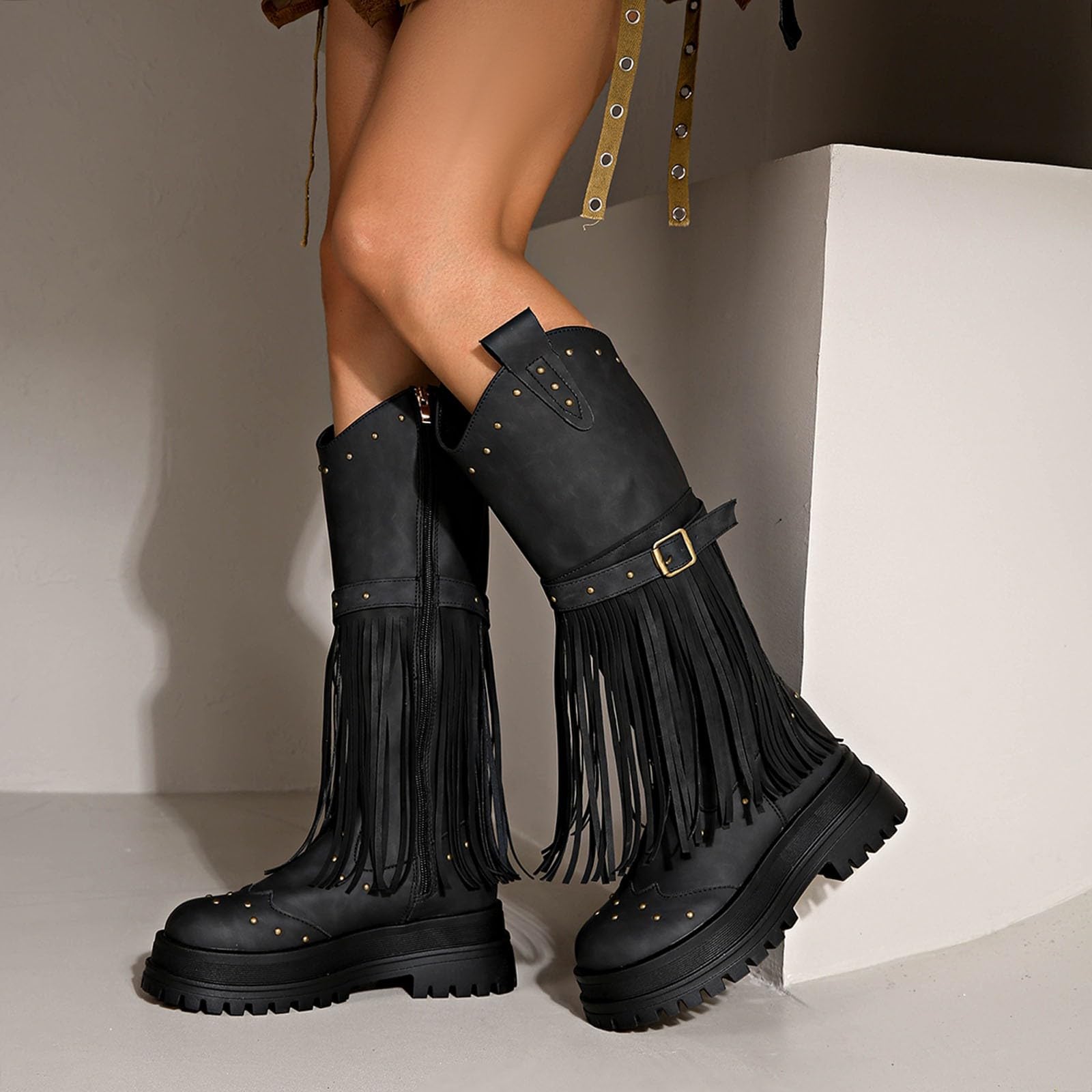 Botas por encima de la rodilla para mujer, botas de caña ancha, botas altas de moda con detalle de flecos, suela de plataforma, cómoda cremallera lateral, botas de otoño/invierno