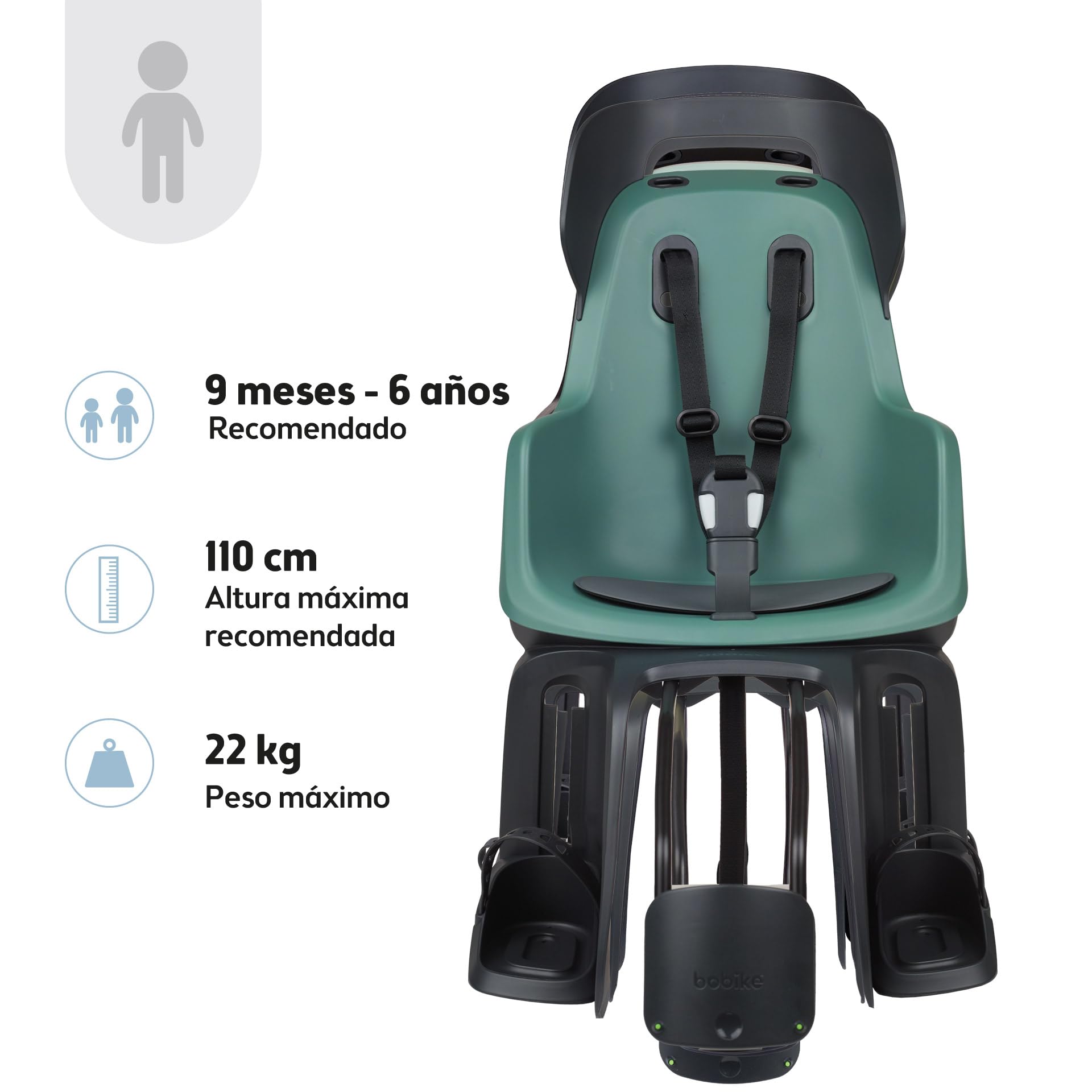 BOBIKE 8012400008 - Silla Bicicleta Trasera GO Maxi Anclaje en Cuadro – Segura, Elegante y Ajustable para niños de 9 Meses a 6 años, hasta 22 kg, Menta