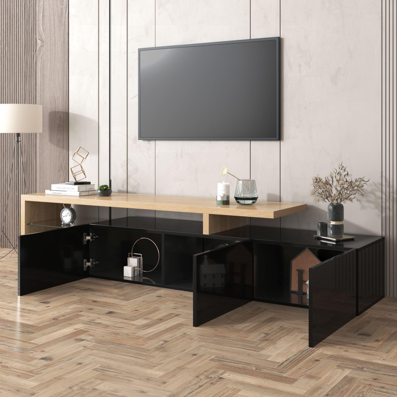 KOMHTOM Meuble TV blanc/noir avec LED, buffet avec 3 portes et 2 plateaux en verre, meuble multifonctionnel pour salon et chambre (Noir)