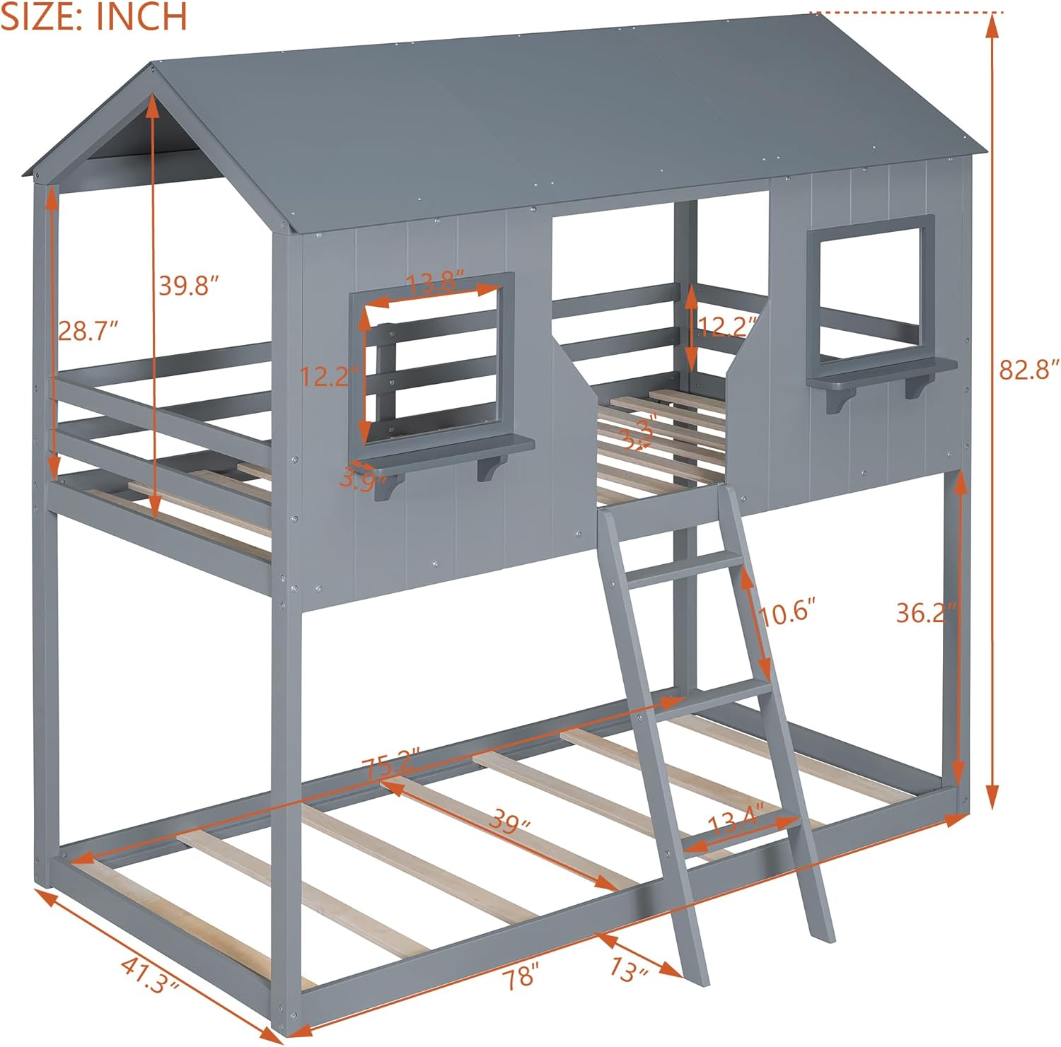 House Shaped Solid Wood Bunk Bed with Roof, Window, Guardrail and Ladder for Teens, Girl or Boys, Light Gray