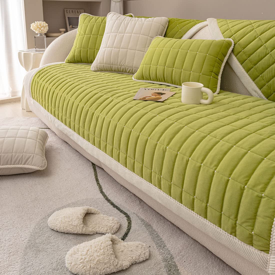 vctops Velvet Plush Plaid Quilted Sofa Cover Super Soft Non Slip Sectional Couch Cover Farmhouse Fluffy Fuzzy Sofa Slipcover Furniture Protector for