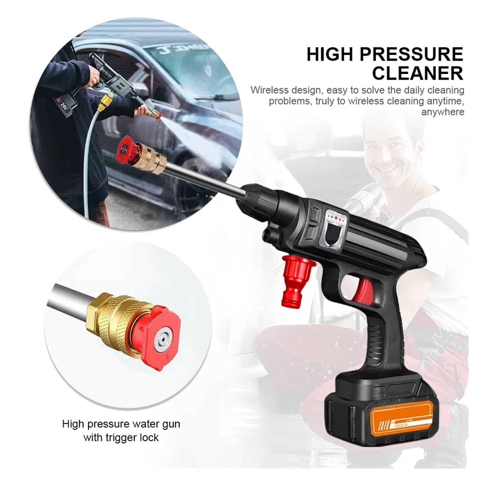 Hidrolimpiadoras Boquilla De Espuma De Pistola De Agua Pulverizada De Lavadora De Alta Presión Inalámbrica 30BAR For Generador De Espuma De 4000mAh Lavadora De Coche(Black)