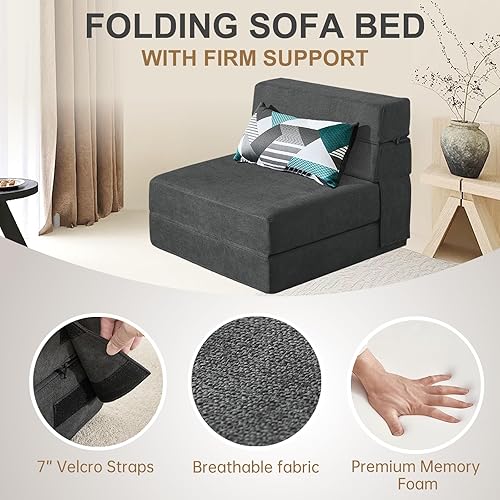 Miniatura 6 de Sofá cama plegable de tamaño individual con almohada de espuma viscoelástica, silla convertible para suelo, futón perezoso para sala de estar,