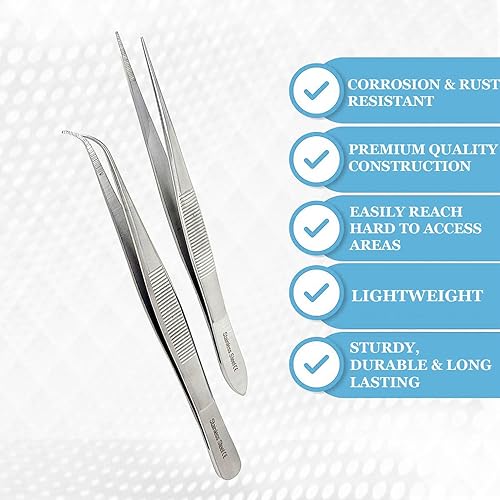 Miniatura 5 de Juego de 2 pinzas quirúrgicas de micro precisión con puntas dentadas, pinzas de laboratorio de acero inoxidable, puntas rectas y curvadas de punta