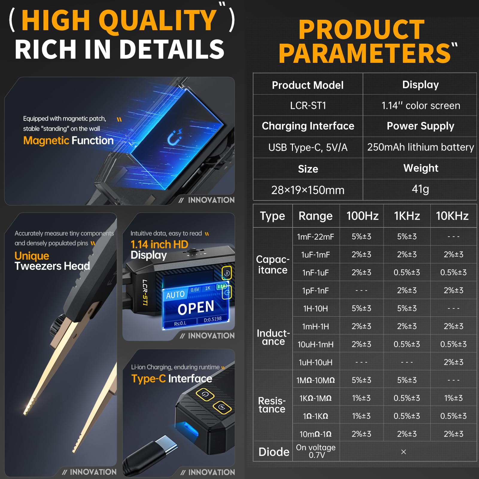 Pinzas de Medición LCR 10KHz,Mini Probador Inteligente SMD, Probador De Diodo De Continuidad De Inductancia De Capacidad, Reconocimiento Automático De Componentes,Componente Electrónico Analiza