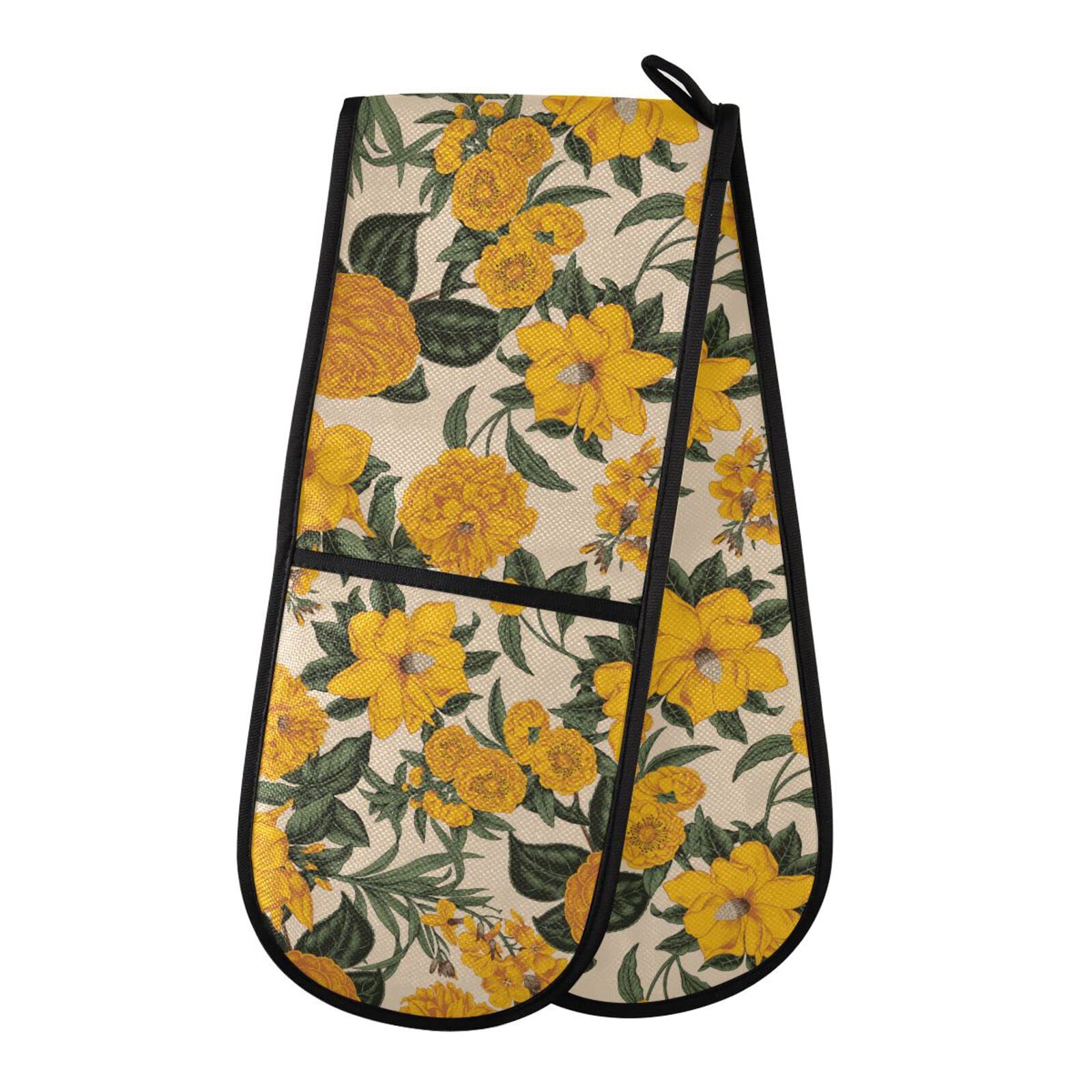 Youjuner Colour 71 Double Oven Glove Vintage Flower Heat Resistant Double Ovens Mitt Modern Cooking Gloves Potholders
