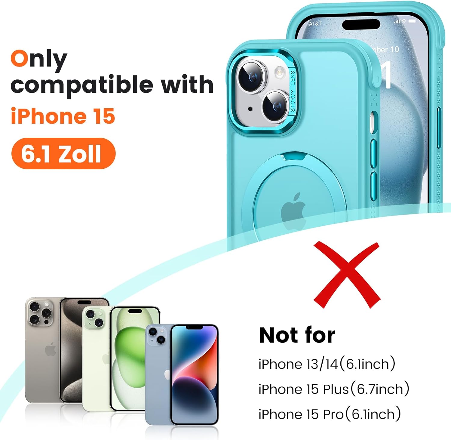Case for iPhone 15 with 360° Rotatable Magnetic Stand, Mil-Grade Drop Protection, Anti-Scratch/Anti-Slip/Anti-Fingerprint Translucent Matte Phone Case, Lake Blue