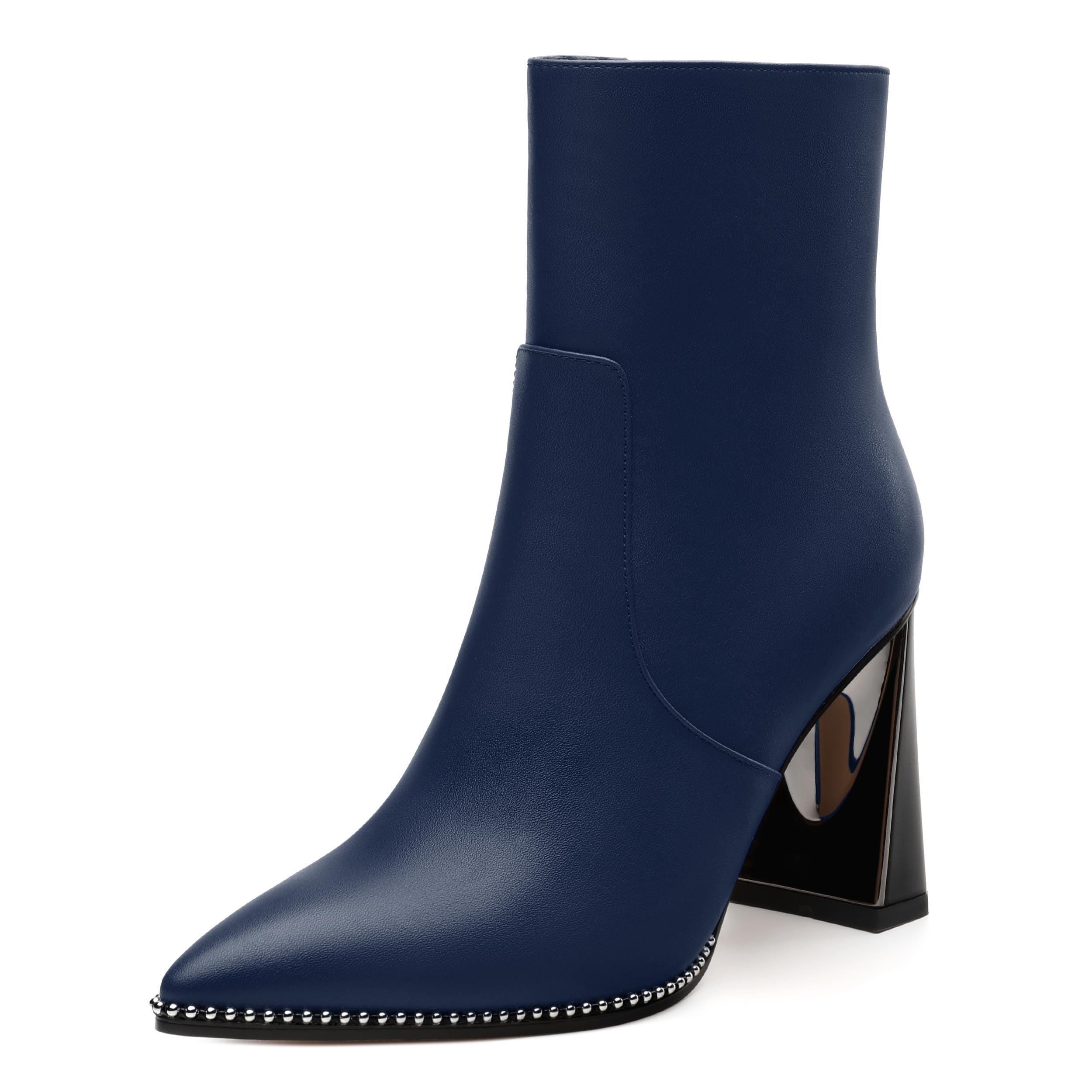 HeySoleModa Womens Ankle Booties, Pointed Toe High Chunky Heel Ankle Boots for Women, Silver Beaded Short Boots with Side Zipper 3.5"