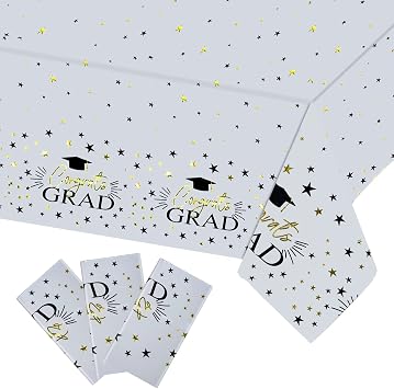 3 Pieces Party Graduation Tablecloths Graduation Table Cover of 2023 Class Decorations Supplies Black White Gold Disposable Tablecloth 54 x 108