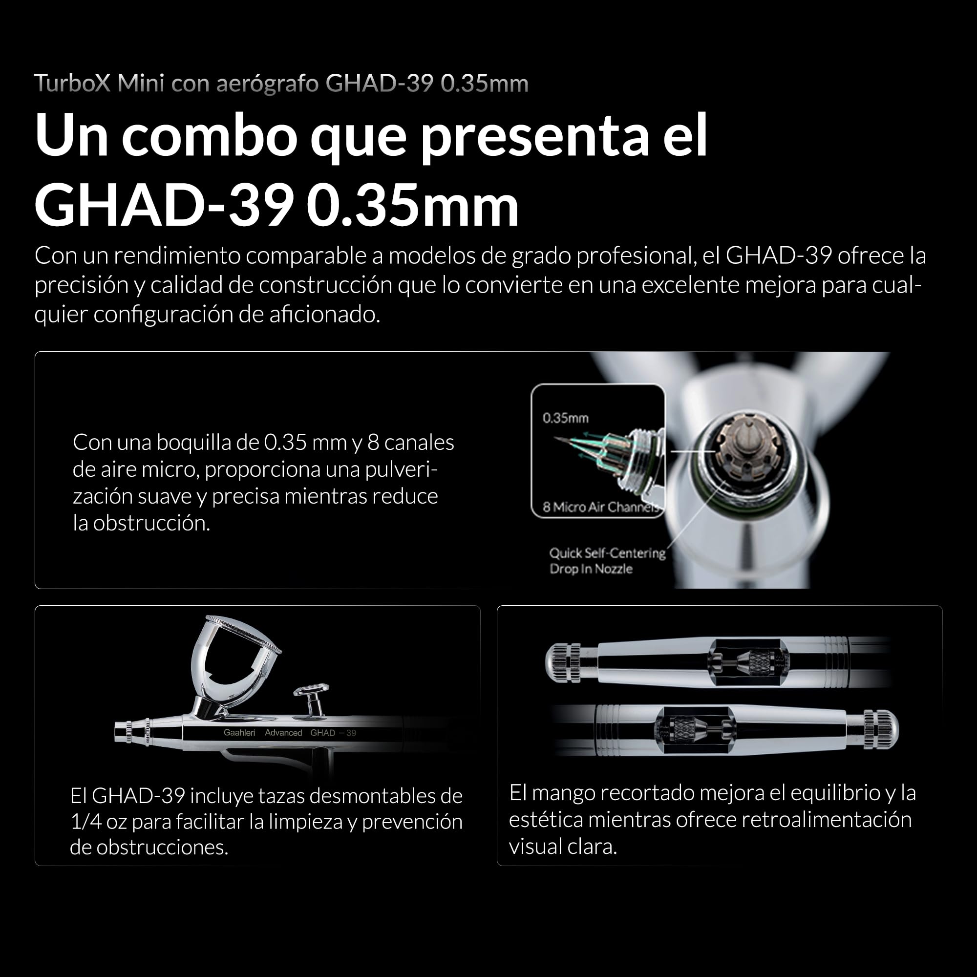 Gaahleri Aerógrafo , Turbox mini con GHAD-39, aerógrafo de doble acción y compresor de aire con control de aire de 18 niveles, ultra silencioso y conmutación de doble modo, multiescenario