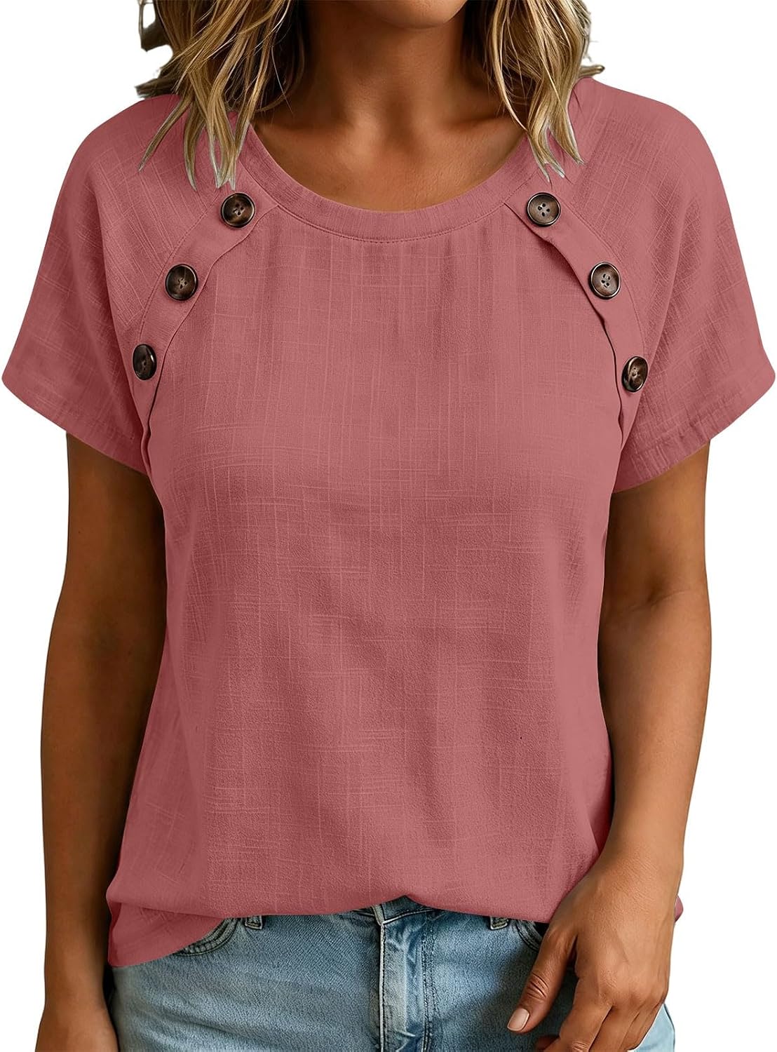 Womens Crew Neck Linen T Shirts Comfy Short Sleeve Button Tunic Tops Solid Color Loose Fit Fashion Summer Tees