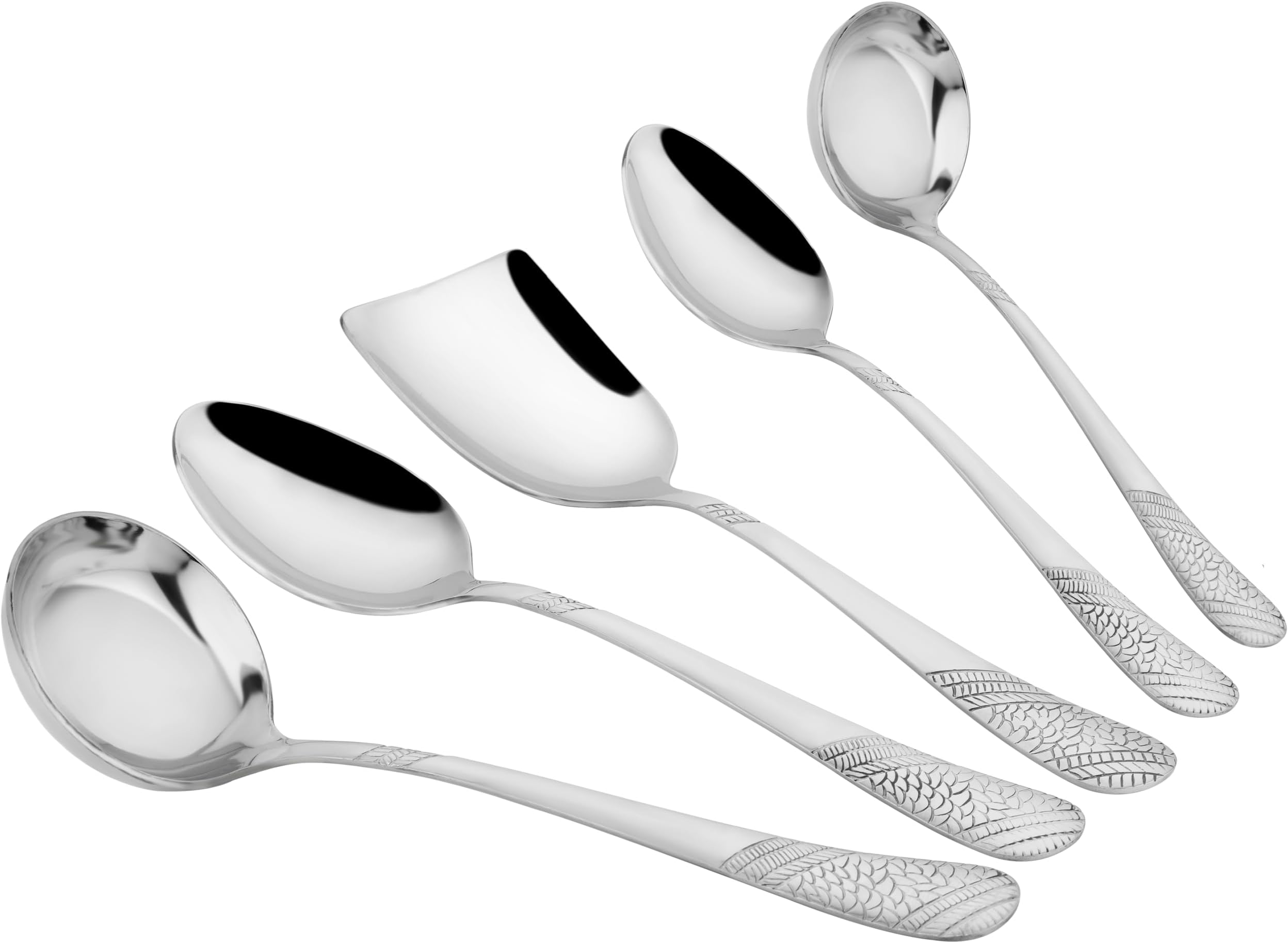 Parage 5 Pieces Stainless Steel Serving Spoon Set for Dining Table/Kitchen, 1.8 mm Heavy Gauge (2 Soup Ladle (Karchi), 2 Solid Spoon (Chamcha), 1 Rice Spoon), Silver (Pack of 5)
