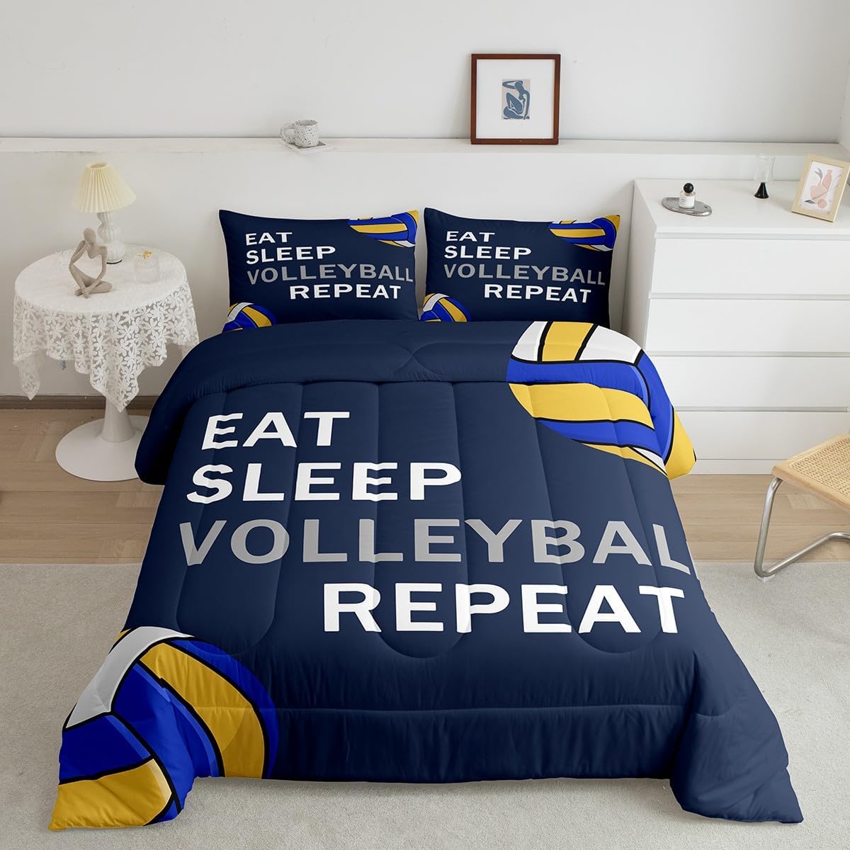 Feelyou Kids Eat Sleep Volleyball Comforter Set Twin Size, Volleyball Bedding Set Ball Games Comforter for Boys Girls Sports Duvet Insert Microfiber Bed Set