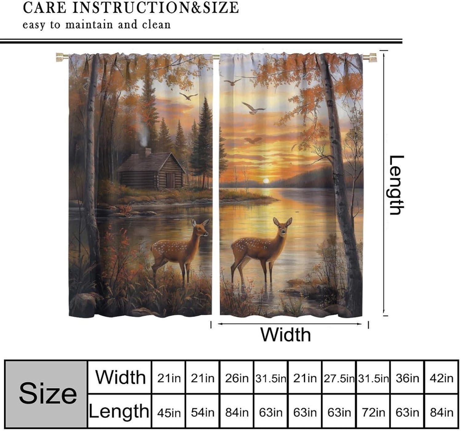 Wildlife Deer Blackout Curtains, Rustic Forest Sunset Lake Farmhouse Animal River Elk Pattern Drapes Home Window Treatments Curtain for Kitchen Bedroom Living Room Decor 55" W x 63" L