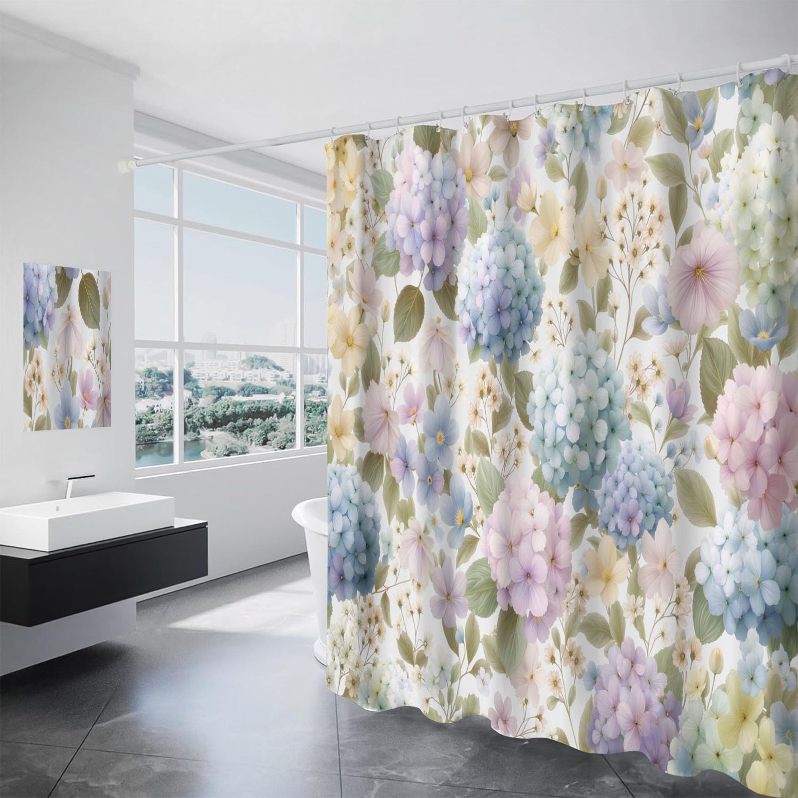 Hortensia Rideau de Bain Tissu Polyester Peinture à l'aquarelle Anti Moisissure Imperméable Lavable Rideaux Salle de Bain ，séchage Rapide 180 x 200 cm