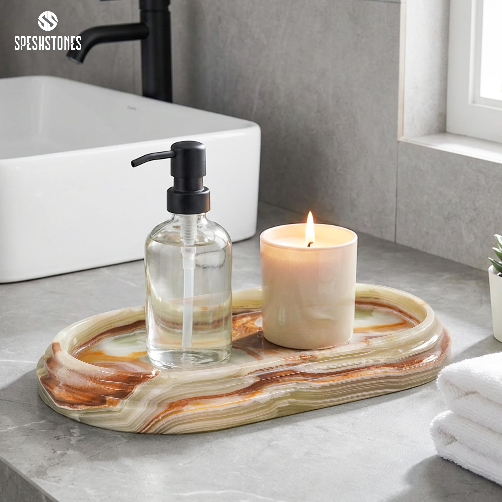 SPESHSTONES Plateau en marbre 22 cm Plateau de salle de bain fait main avec onyx vert | Plateaux décoratifs pour parfums, bougies, bijoux et coiffeuse pour la décoration de comptoir