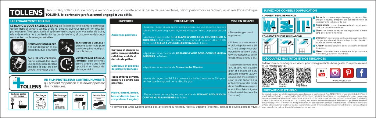 TOLLENS - Peinture Blanche Cuisines et Salle de bain - Résiste à l'Humidité et aux Moisissures - Velours - Blanc 1L = 12m2
