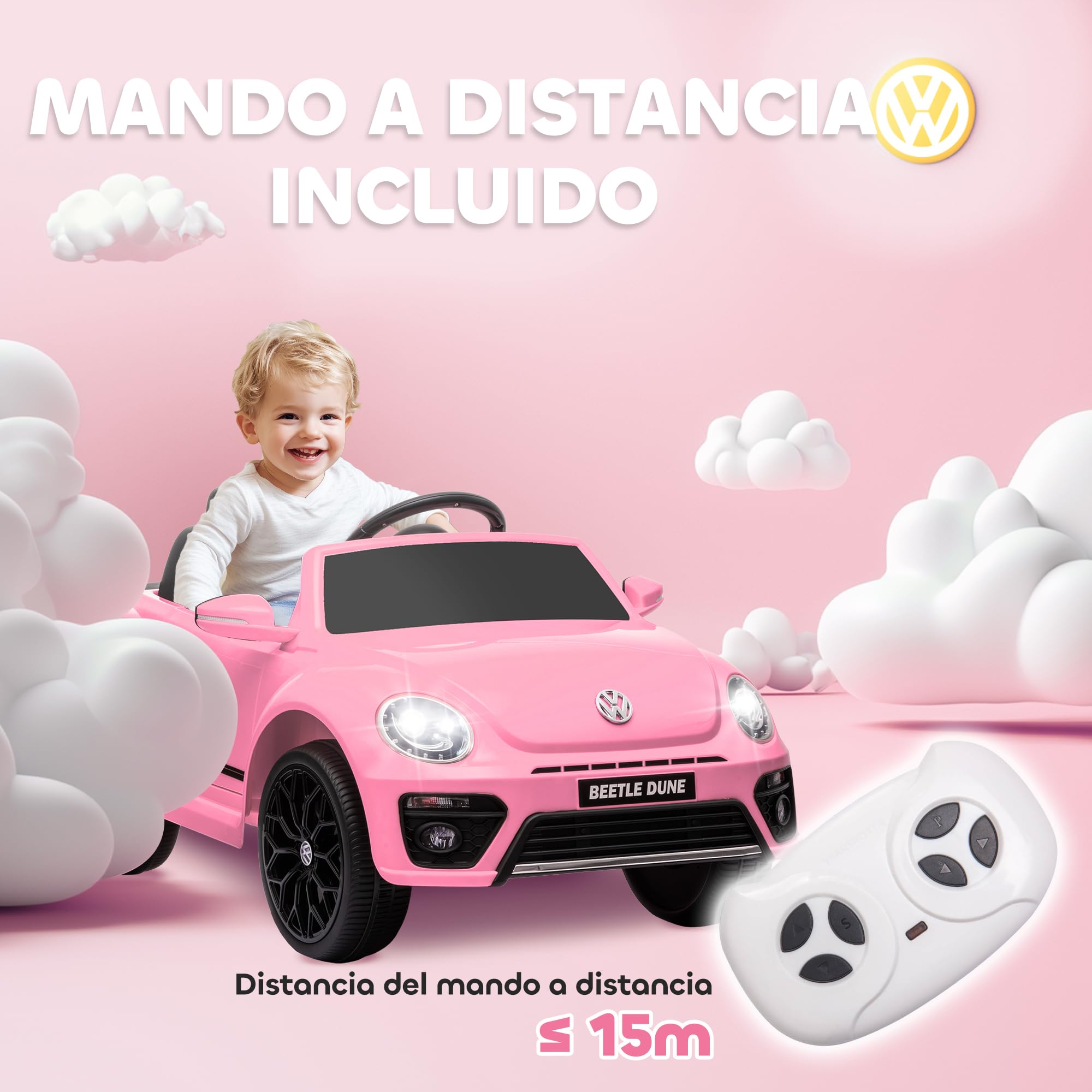 AIYAPLAY Coche Eléctrico para Niños de +3 Años Volkswagen Beetle 12V Rosa | Carro Eléctrico Infantil, Mando a Distancia, Faros, Bocina y Música
