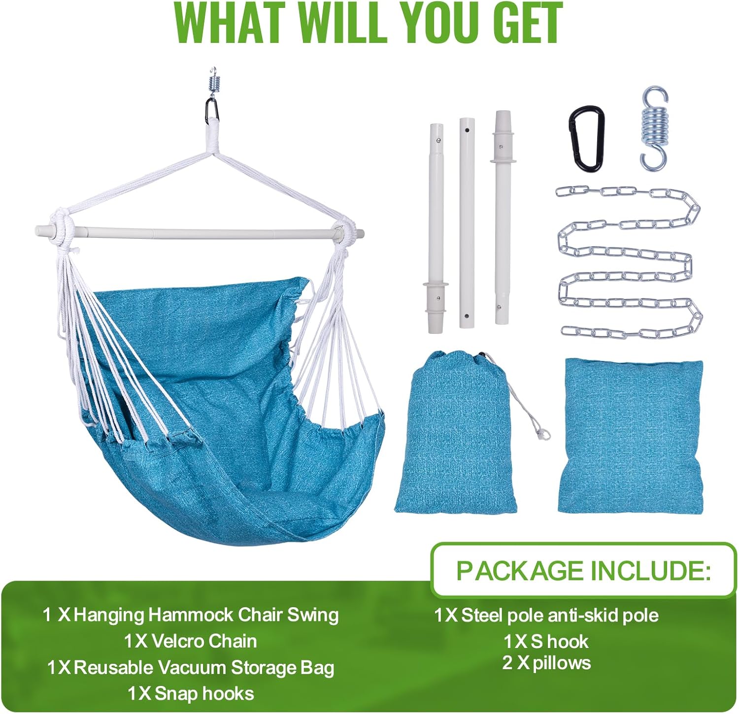 Backyard Expressions Hammock Chair Hanging Rope Swing Chair, 2 Pillows, Anti Slip Steel Spreader Bar