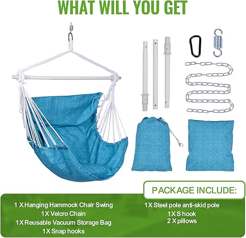 Miniatura 6 de Backyard Expressions - Silla hamaca colgante de cuerda, 2 almohadas, barra separadora de acero antideslizante