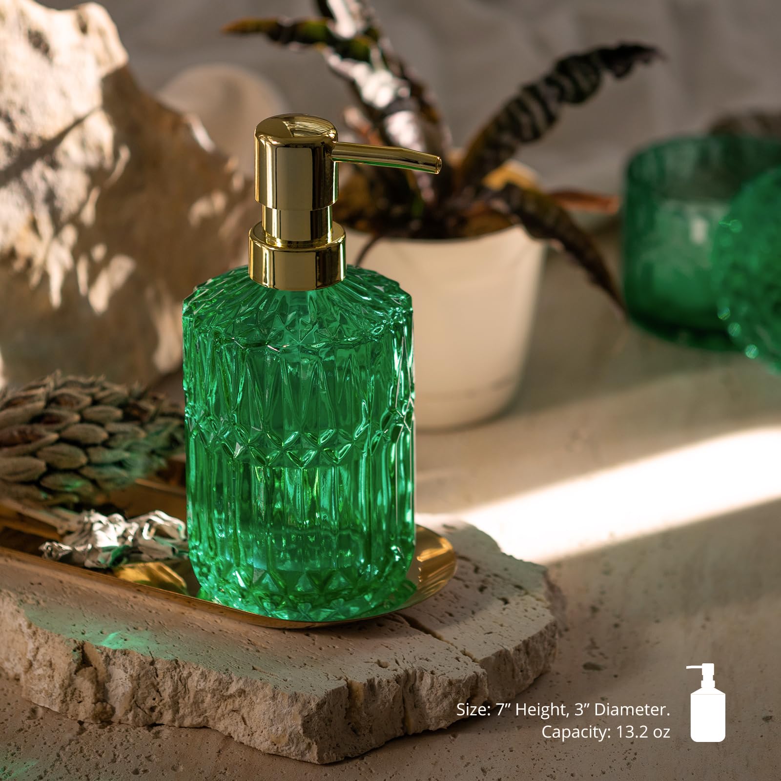 EMPO Distributeur de savon en verre transparent avec pompe en plastique ABS, distributeurs de lotion pour évier de cuisine, salle de bain (jade vintage)
