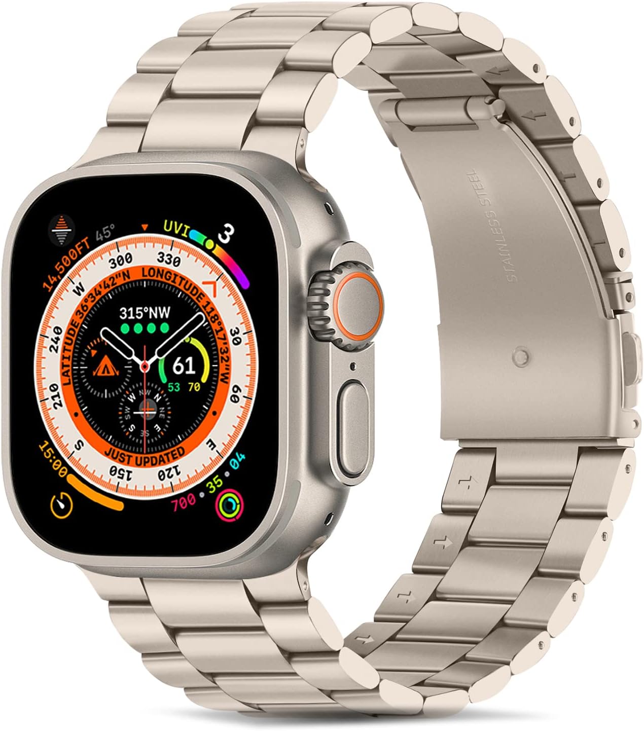 TasikarBand Compatible with Apple Watch Band 49mm 45mm 44mm 42mm Premium Stainless Steel Metal Replacement Strap Compatible with Apple Watch Ultra 2 Ultra Series 9 8 7 6 5 4 3 2 1 SE, Starlight