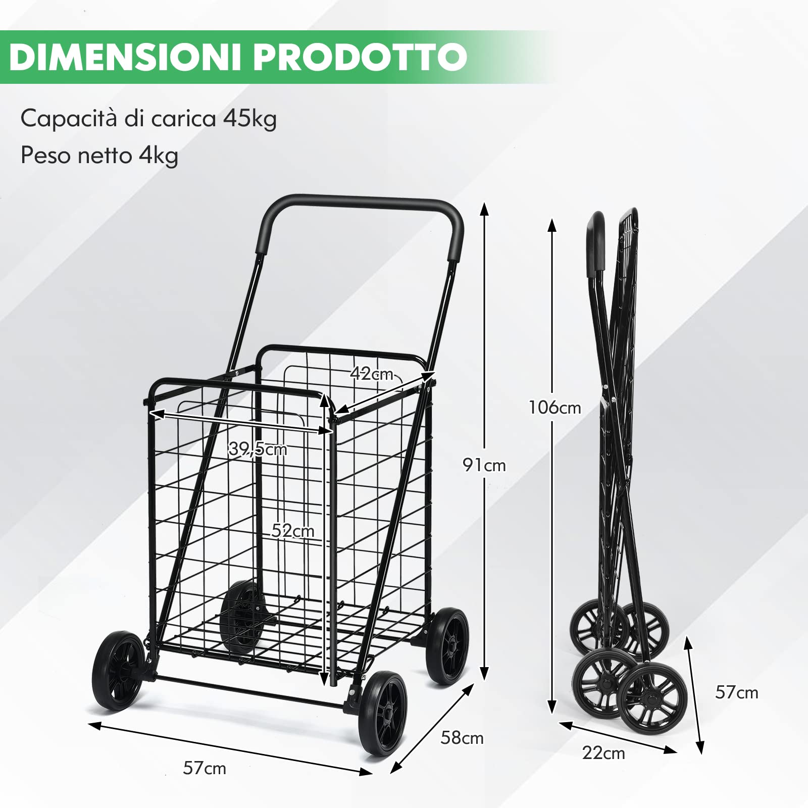 GYMAX Carrello Porta Spesa, Trolley Pieghevole a 4 Ruote, Carico di 45 kg, Capacità di 83 L, Cestino in Metallo, Bracciolo Antiscivolo, Compatto e Salvasapzio(M, Nero)
