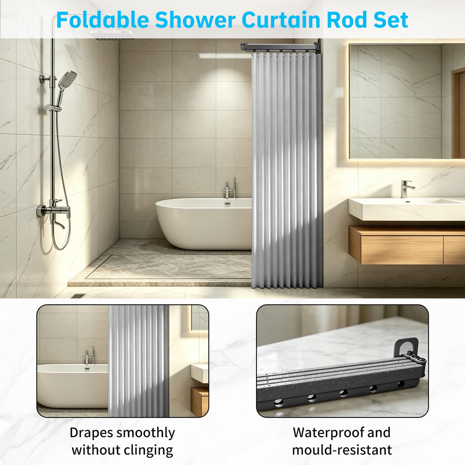Rideau de douche pliable avec tringle, tringle de douche pliable en 4 sections, t-ringle d'angle murale pour salle de bain,baignoire,vestiaire,pliable et peu encombrante,sans perçage