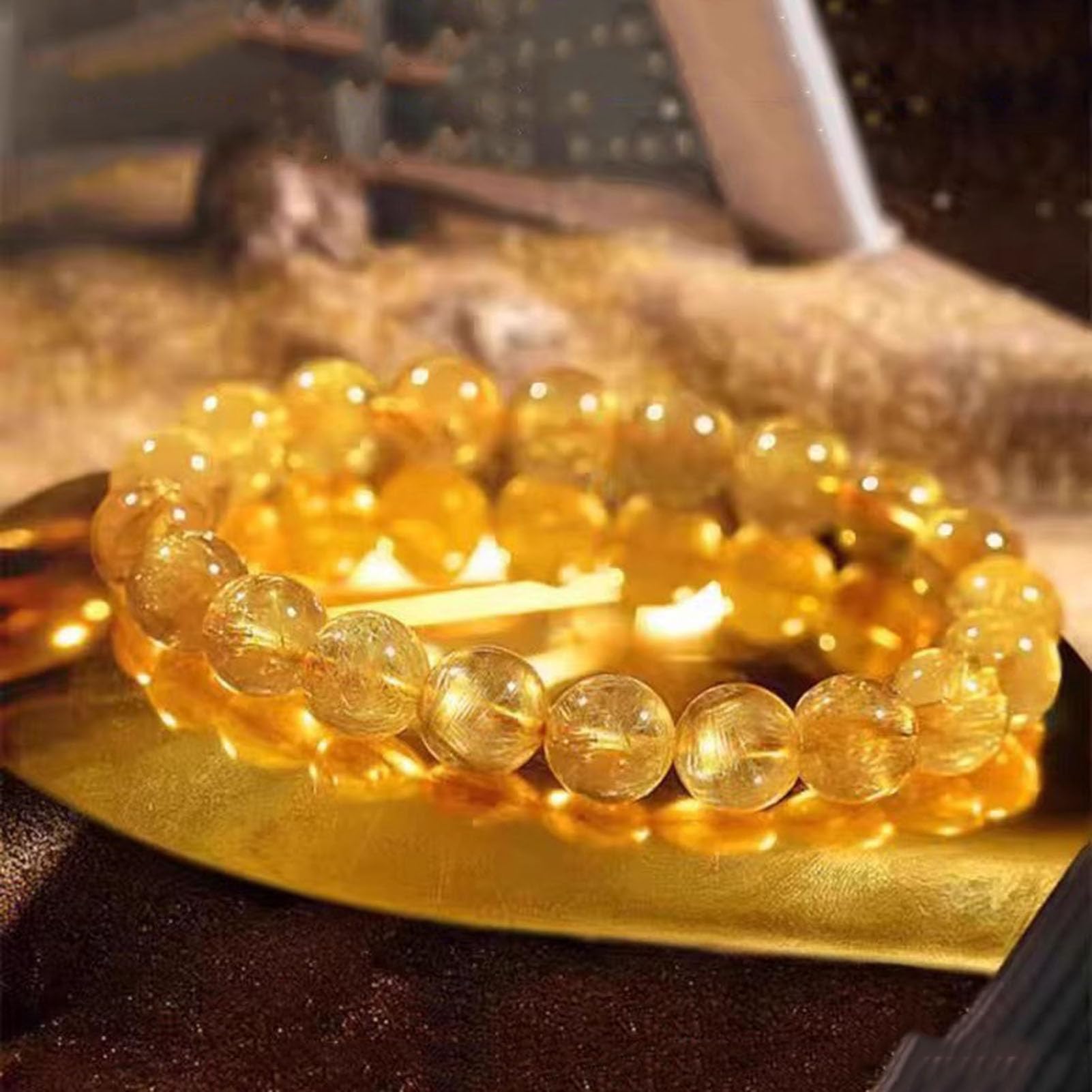 Pulsera de Cuarzo rutilado Amarillo con Piedras Preciosas curativas, Cristales Naturales, Pulsera de Cuentas Chakras, Cuentas de Cristal Ajustables, Cuarzo rutilado Dorado, Pulido,10MM