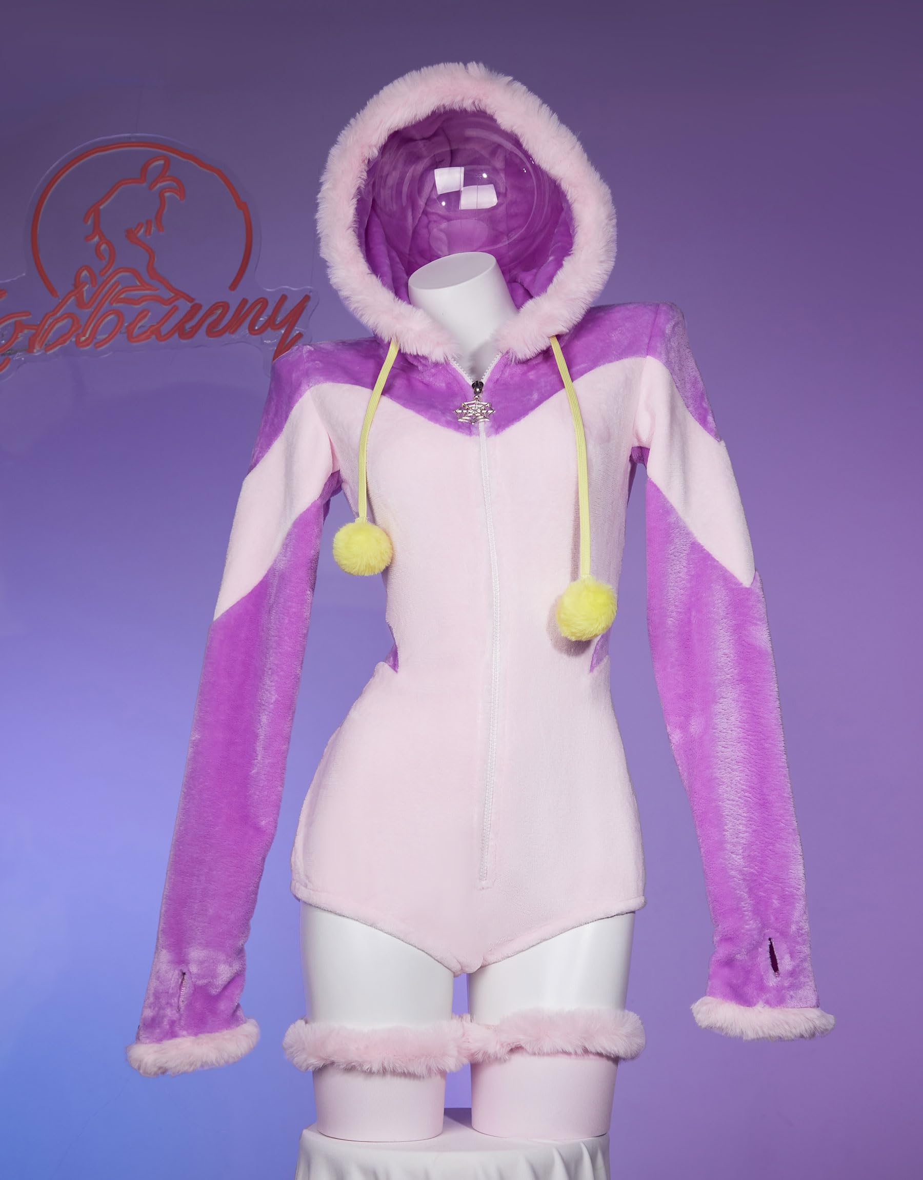 Mobbunny Onesie for Women Anime Cosplay Romper Fuzzy Pajamas Purple Jumpsuit Fluffy Hooded Homewear Christmas Halloween