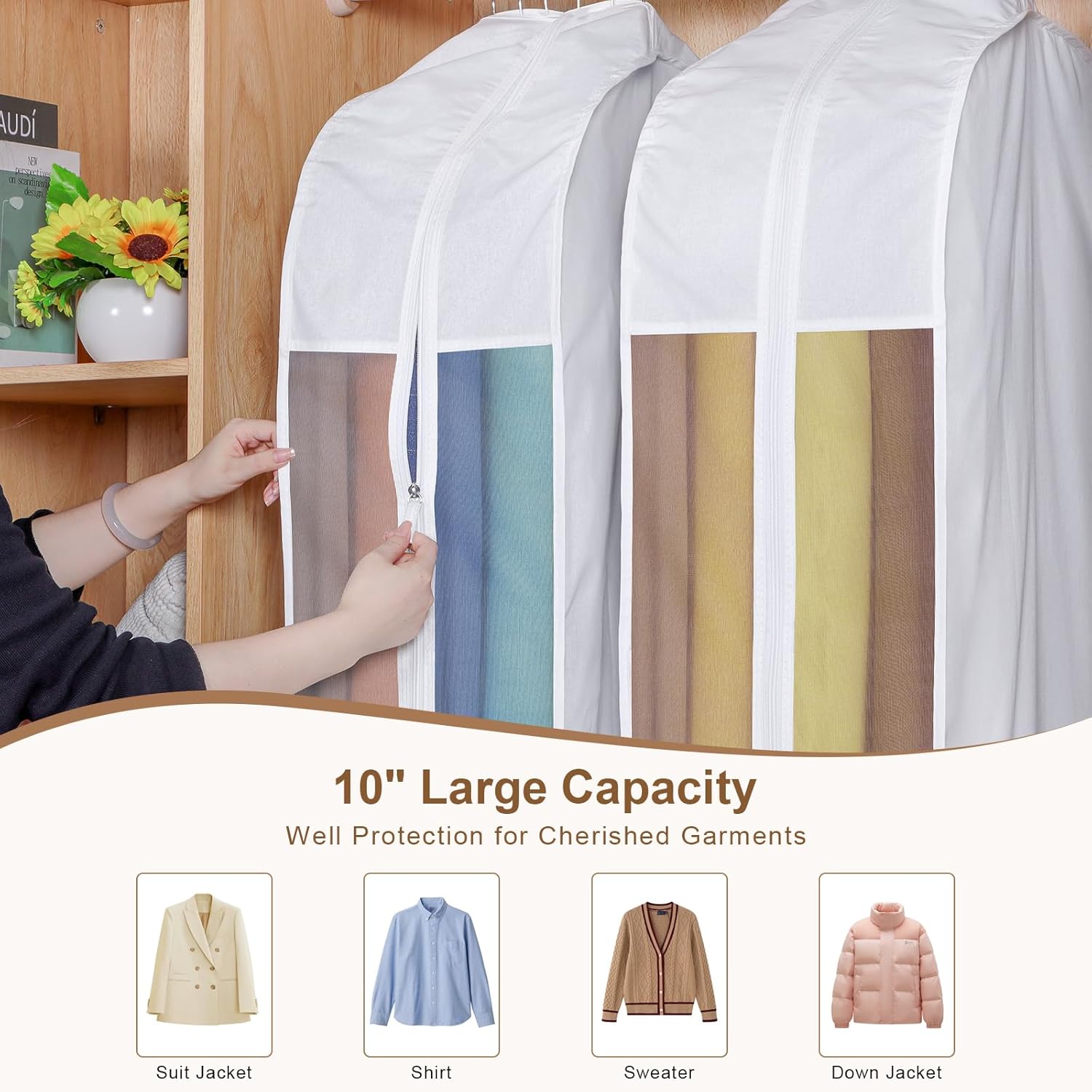 Kntiwiwo 32" Premium Cotton Garment Bag for Hanging Clothes, Breathable Suit Bags for Closet Storage with Extra Large 10" Gusseted & Clear Window, Dust Cover with Zipper for Short Clothes, 3 Pack
