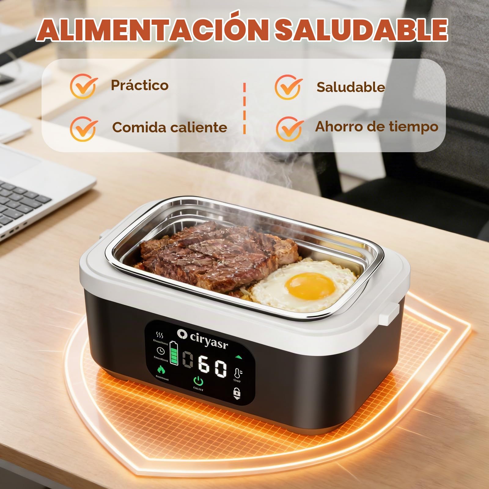Fiambrera Eléctrica Inalámbrica, Taper Electrico para Comida con Calentamiento Programado, Lunch Box Adultos de 1,35 L, Calentador Portátil con Bolsa Isotérmica, Apto para uso en exteriores