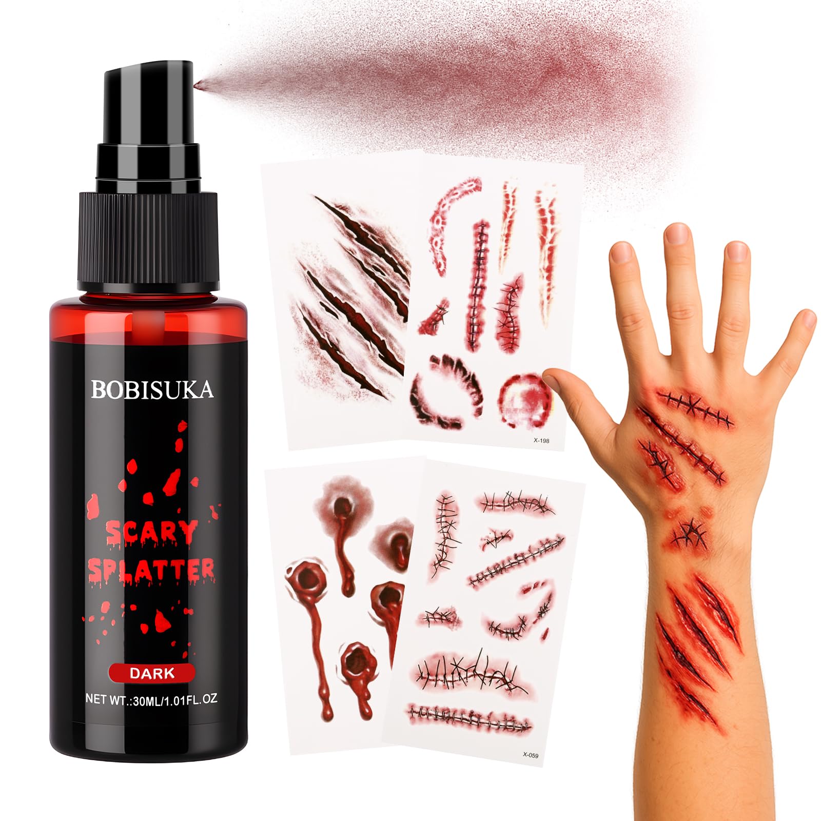 Halloween Makeup Kit - Dark Fake Blood Spray + 4 Sheet Temporary Scars Wounds Tattoos , Realistic Dark Blood Splatter Non-Toxic Washable for Zombie, Clown, Vampire Cosplay, Costume, Stage, SFX Make Up