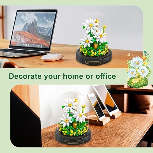 Miniatura 5 de Ramos de flores e insectos, juguetes de construcción  490 piezas de bloques de construcción de margaritas pequeñas con cubierta antipolvo, flores