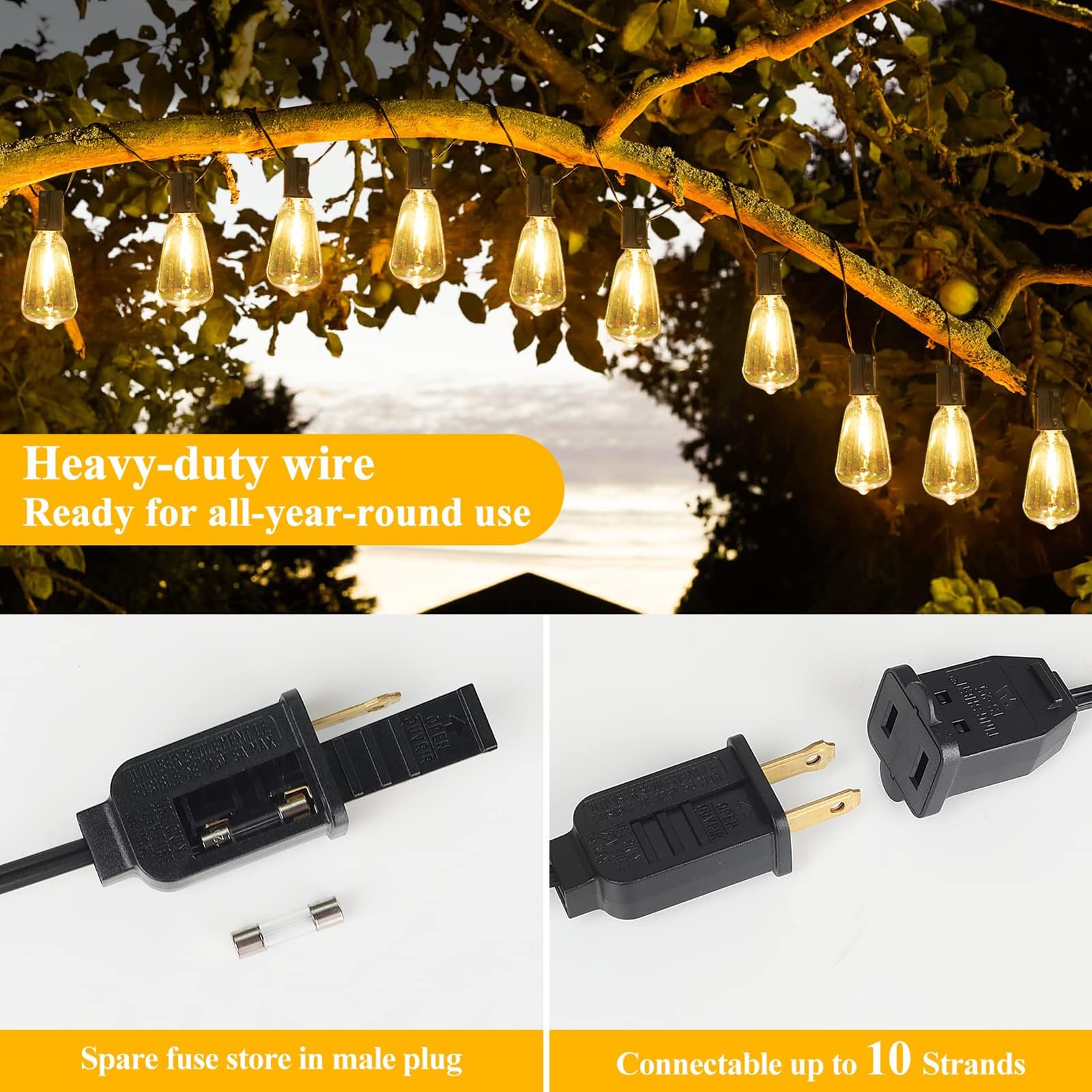 Lampy solarne do użytku na zewnątrz, oświetlenie tarasowe z żarówkami LED Edison ST38, wodoodporne, wtykowe, ściemniane, do zawieszenia na dziedzińcu (16,5 m30l)